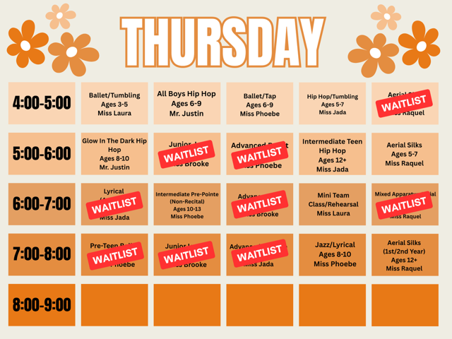 Ready Set Dance 2025-2026 Schedule - Thursday