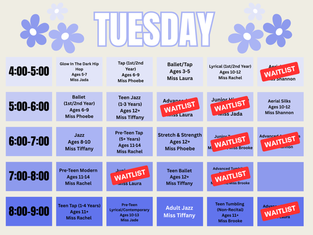 Ready Set Dance 2025-2026 Schedule - Tuesday