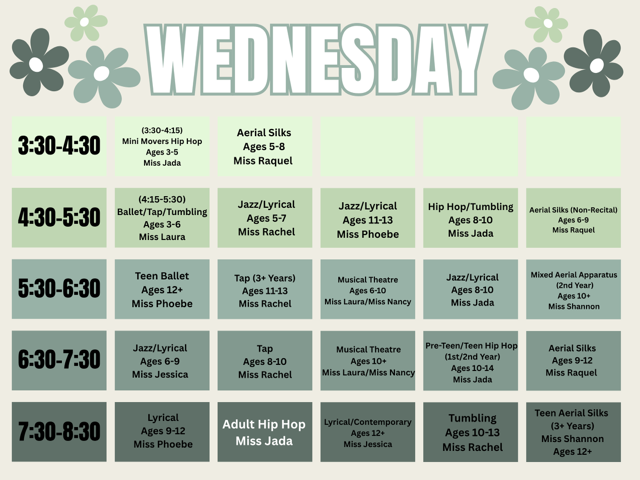 Ready Set Dance 2025-2026 Schedule - Wednesday